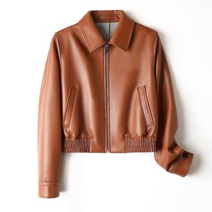 528 <b>Sheepskin</b> Yellow Brown Lapel Zipper Simple Style Short Women's <b>Jacket</b> 2026 New Product for New Products 2026 - Product Image 4