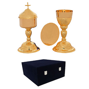 Brass Cross Carved Chalice, Paten & Ciborium Set with Velvet Box | Gold Plated <b>Communion</b> Set – DOUBLE VEE EXPORTS - Product Image 1
