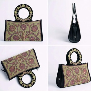 Bolso de mano con bordado Sozni de Cachemira, gamuza negra con asa de anillo con trabajo de Tilla en oro y marfil - Product Image 6