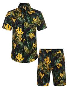 mens black yellow tropical pineapple monstera leaf print <b>short</b> <b>sleeve</b> lapel <b>button</b> <b>up</b> shirt matching <b>shorts</b> 2 piece set casual - Product Image 6