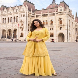 Premium Collection Georgette with Solid Plazzo-<b>Beads</b> Embroidered Long Shrug-Blouse Collection Indian Supplier At Wholesale Rate - Product Image 1