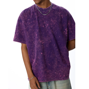 T-shirt décontracté pour homme, coupe régulière, tricoté, violet uni, délavé à l'acide, col rond, manches courtes, teint en pièce, collection 2026, vente en gros - Product Image 3