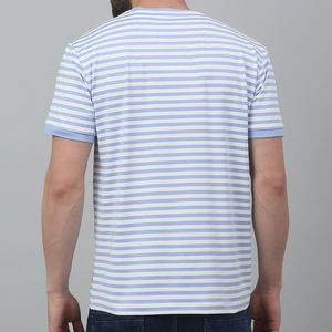 Men's <b>Blue</b> <b>White</b> <b>Striped</b> Short Sleeve O-Neck T-Shirt Regular Fit Casual Jersey Print Letter Pattern Front Logo OEM 220g - Product Image 4