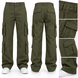 Pantalon cargo vert olive pour homme, taille haute, plusieurs poches, style workwear en toile, coupe droite, fermeture boutonnée, idéal pour l'automne - Product Image 5