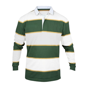Chemise de rugby en coton lourd avec logo personnalisé, manches longues, polo rayé, vert marine, col blanc contrastant, maillot de rugby classique - Product Image 2