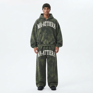 <b>Men</b> Olive <b>Green</b> Botanical Print Zip Up Hoodie <b>Tracksuit</b> Set Loose Fit Streetwear Custom OEM ODM Wholesale - Product Image 1