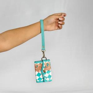 Handmade Pu <b>Card</b> Holder Teal White Checkered <b>Embossing</b> Button Closure Women Short Wallet Fashion Geometric Pattern - Product Image 1
