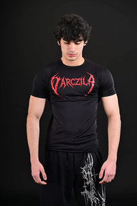 Ensemble de survêtement de yoga personnalisé pour homme, coupe ajustée, avec logo rouge sportif gothique sur le devant, col rond, séchage rapide, coupe régulière, en Spandex/Polyester - Product Image 6