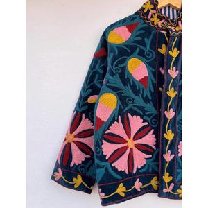 Velvet Suzani Embroidered Cotton Short <b>Jacket</b> Handmade Spring Coat Vintage Ethnic Winter Warm Outerwear Button Reversible Gift - Product Image 4