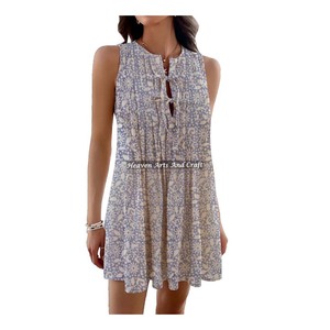 Elegant Women <b>Summer</b> Midi <b>Dress</b> Cotton <b>Short</b> <b>Dress</b> Sleeveless Floral Printed Party Wear Block Printing Floral Pattern - Product Image 5