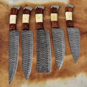 Damascus Steel Knife Set 5-Piece Wood Handle Chef Knives Polished Blade Straight Edge Ambidextrous Kitchen Cutlery - Product Image 2