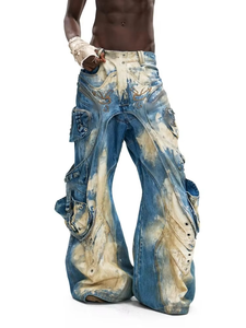 Jean en denim pour homme en coton de haute qualité, coupe large, style streetwear hip-hop, avec broderie, fermetures éclair et œillets, effet délavé vintage, personnalisable OEM ODM - Product Image 2