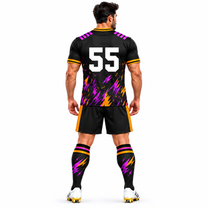 Maillot de football noir avec motifs d'éclairs violets et jaunes et numéro personnalisé – Tenue de football - Product Image 2