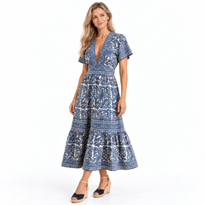 Vestido Maxi Bohemio para Mujer, Cuello en V Profundo, Manga Corta, Cintura Alta, Estampado Floral en Capas, Vestido Casual de Verano - Product Image 2