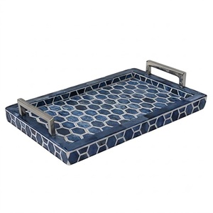 Plateau de service artisanal en os incrusté, mosaïque de luxe, vaisselle décorative, motif chevron bleu turquoise, plateau ottoman pour usage domestique - Product Image 4