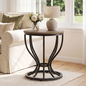 Round <b>End</b> <b>Table</b> Hourglass Metal Base Vintage Wood Top Accent Side <b>Table</b> <b>Small</b> Coffee Nightstand For Living Room Bedroom Decor - Product Image 3