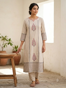 <b>Women</b> Beige Cotton Embroidered <b>Kurta</b> Loose Fit Ankle-Length Traditional Casual Ethnic Wear India Pakistan Style - Product Image 6