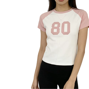 Women's White Pink <b>Raglan</b> Sleeve T-Shirt with Number 80 Print Crew Neck Streetwear Eco-Friendly Short Sleeve Jersey <b>Top</b> - Product Image 1