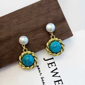 Petites boucles d'oreilles pendantes rétro turquoise fraîches, perle d'eau douce naturelle avec bijoux fins en argent pur à la mode - Product Image 2