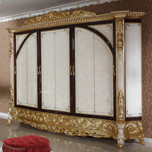 Armoire élégante en bois d'acajou de style baroque italien, grande armoire en bois sculpté à la main en or ivoire, meuble de chambre à coucher de luxe sur mesure - Product Image 2