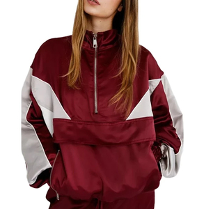 Women's Maroon Eco-Friendly 100% Cotton Color Blocking Tracksuit Set Full Sleeve Half-<b>Zip</b> <b>Hooded</b> Split Hem Drawstring Side Front - Product Image 2