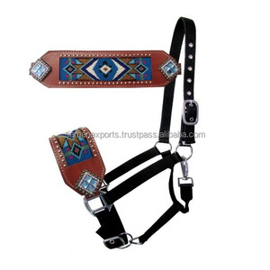 Hot Selling Adjustable Black Nylon Beaded Rope <b>Halter</b> with Leather Nose Silver Stud Custom Made Direct From Manufacturer - Product Image 2