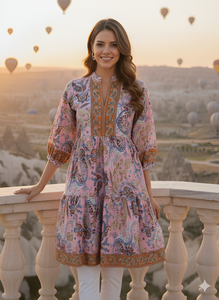 Tunique à imprimé floral pour femmes, rose, en polyester, design à plusieurs niveaux avec col mandarin, manches trois quarts, vêtement décontracté de style occidental - Product Image 4