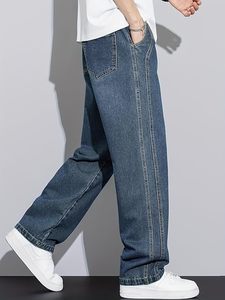 Jean en denim pour homme 100% coton, coupe ample, jambe droite, bleu délavé moyen, pantalon décontracté avec coutures latérales contrastées - Product Image 2