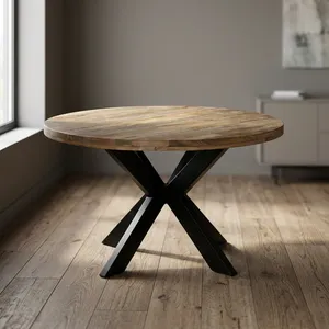 Mesa de Comedor Redonda de Madera Maciza para 6 Personas con Patas Cruzadas de Metal Negro, Mesa de Centro para Sala de Estar Estilo Rústico, Decoración del Hogar - Product Image 6