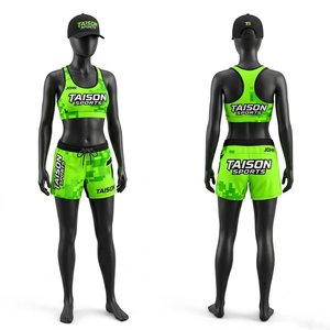 Ensemble de short et soutien-gorge BJJ en coton 100% 240 GSM, vert néon, noir rayé, taille élastique, logo personnalisé par sublimation, pour femmes - Product Image 1