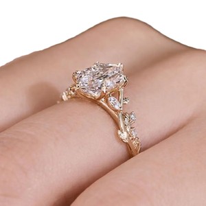 Minimalist Leaf Vine Ring 10K 14K 18K Solid Solid Gold IGI Certified <b>Hexagon</b> Cut Lab Grown Diamond Engagement Ring Wedding Band - Product Image 5