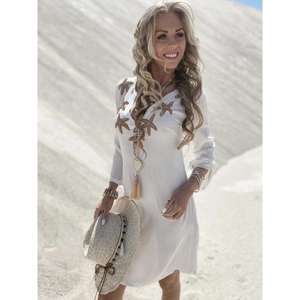 Vestido Mini Bohemio Bordado con Cuello en V para Mujer, Vestido de Verano Blanco Informal de Manga Larga para la Playa - Product Image 1