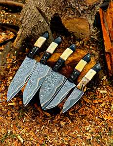 Ensemble de couteaux de chef en acier à haute teneur en carbone, 5 pièces, forgés à la main, manche en os, cuisine traditionnelle, ambidextre, 4-5,9 pouces, finition haute brillance - Product Image 1