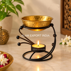 Iron Leaf Design Black Powder Coated Aroma <b>Oil</b> Diffuser Religious Incense <b>Burner</b> With Brass Hammered Design Round <b>Oil</b> Bowl Deco - Product Image 3