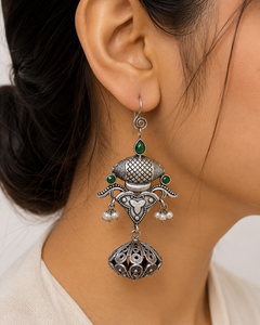 Trusted Supplier Brass Antique <b>Silver</b> Plated Ethnic Charm Jhumka <b>Earrings</b> Pear Cut Topaz Bezel Setting Women's Wedding Unique - Product Image 1