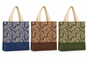 Sac fourre-tout en jute imprimé feuilles avec panneau coloré, style bohème, sac de shopping en jute naturelle non laminée, sac d'exportation en gros - Product Image 6