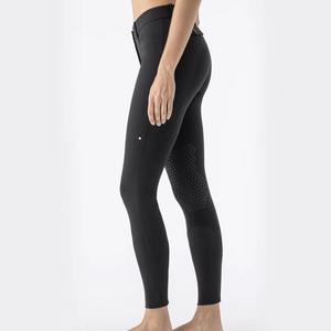 <b>Women</b> High Waist Full Length Equestrian Breeches With Knee Patches And Button Fly Closure <b>Black</b> Knitted Spandex Nylon <b>Pants</b> - Product Image 4