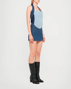 Robe chemise mini en jean à col licou, sans manches, délavée claire, avec poches, en tissu stonewashed, style décontracté hiver pour femme, couleur contrastante - Product Image 4
