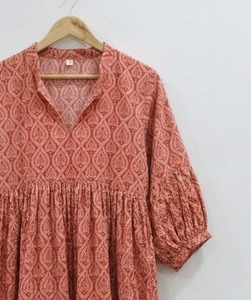 Indian Handmade 100% Cotton V-Neck Puff Sleeve <b>A</b>-<b>Line</b> Midi <b>Dress</b> Hand Block Print Floral <b>Pattern</b> Formal Office Wear Breathable - Product Image 6