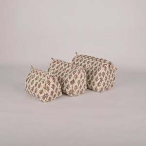 Block Printed Toiletry Makeup Pouch Set Quilted Cotton Zipper Bags with Tassel Accents for Travel Personal Care Storage - Product Image 1
