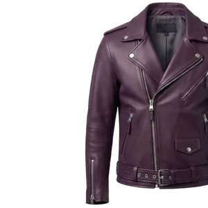 Chaqueta de Motociclista de Cuero Genuino para Hombre, Color Morado, Corte Ajustado, Estilo Casual, con Cierre, Ligera, con Cinturón y Bolsillos - Product Image 5