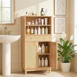 Meuble de salle de bain en teck biologique pur avec double arche en rotin et rangement intégré - Product Image 1