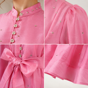 Vietnam Women's Vintage Lace Natural Waist Digital Printed Standing Collar Heavy Diamante Maxi Lantern Sleeve <b>Dresses</b> - Product Image 4