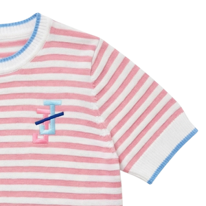 Pull en tricot à manches courtes pour femme, rayures roses et blanches, texture douce, vêtements décontractés à porter tous les jours - Product Image 3