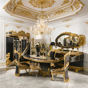 Juego de Comedor de Lujo Europeo Clásico, Acabado en Negro y Dorado con Madera de Teca Sólida, con Aparador Curvo Artístico y Vitrina - Product Image 4