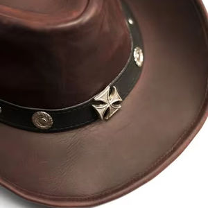 Chapeau de cowboy western en cuir véritable marron patiné Heritage avec sangle à concho croisée et large bord, style ranch, pour hommes et femmes - Product Image 4