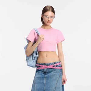 T-shirt court décontracté pour femme en coton rose à col rond et manches courtes, couleur unie, tissu jersey respirant, avec logo, 220g, Printemps-Été - Product Image 1
