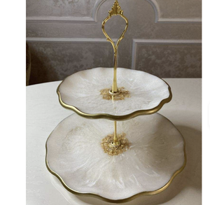 Support à gâteau à deux niveaux en résine époxy fait main, motif agate bleue, forme irrégulière, décoration d'intérieur, thème floral - Product Image 4