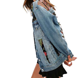 Trendy Women's Long Sleeve Floral Embroidered Pearls & Letter Breathable Cotton Denim Jeans Jacket for Winter - Product Image 3