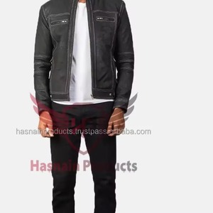 Chaqueta de Motociclista para Hombre, Lavada, con Cuello Alto, Cierre de Cremallera, Resistente al Viento, Estilo Motero, Color Sólido, Corte Regular, para Otoño - Product Image 6